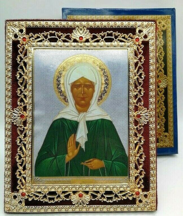 Ikone Heilige Matrona von Moskau Holz Samt Ständer Kartonbox 18x 23cm