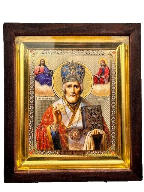 Ikone Heilige Nikolaus икона в киоте Holz Glas Николай Чудотворец 13x16x3cm