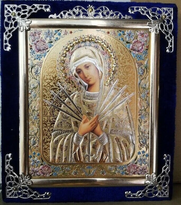 Ikone GM Siebenpfeilige Holz in Samt Богородица Семистрельная освящена 15x13cm