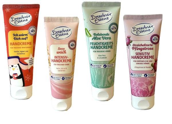 4er Pack. Dresdner Essenz Mix Handcreme Ich wärm' Dich auf; Sooo weich; Belebende Aloe Vera; Streichelzarte Pfingstrose, 4x 75ml