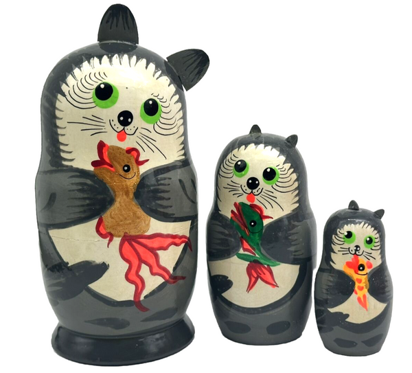 Matroschka 3tlg. Fischer Kater Katze mit Fisch handgemalt 12cm