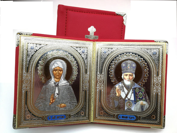 Ikone 2-fach Holz Kunstleder Heilige Matrona v. Moskau Heilige Nikolaus 10x12сm