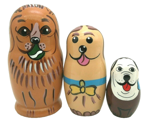 Matroschka 3tlg. Hund mit Ball Hundfamilie handgemalt neu 10 cm