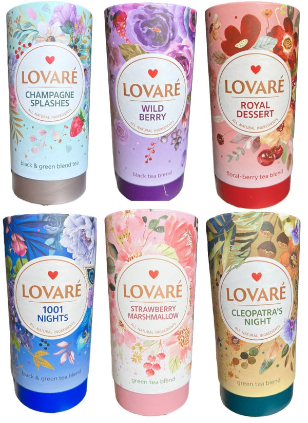 6er Pack. Lovare Set Schwarzer Ceylon Tee Grüner Tee Blüten 6x 80g