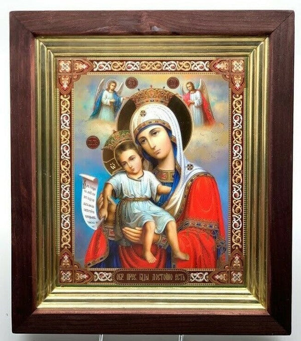 Ikone in Kivot Holz Glas Gottesmutter Dostojno Ect Goldprägung 31 x27 cm