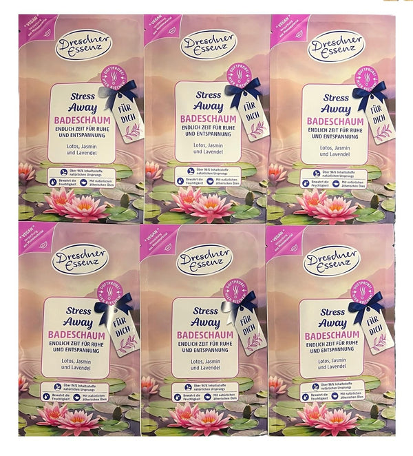 Dresdner Essenz 6er Pack Badeschaum Stress Away 6 x 60g Lavendel, Lotus, Jasmin