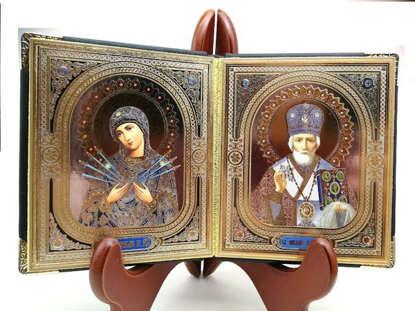 Ikone 2-fach Holz in Kunstleder Siebenpfeilige G M Heilige Nikolaus 10x12сm