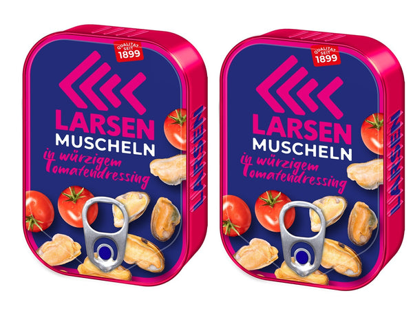 2x LARSEN Muscheln in würzigem Tomatendressing je 110g / Muscheleinwaage 70g