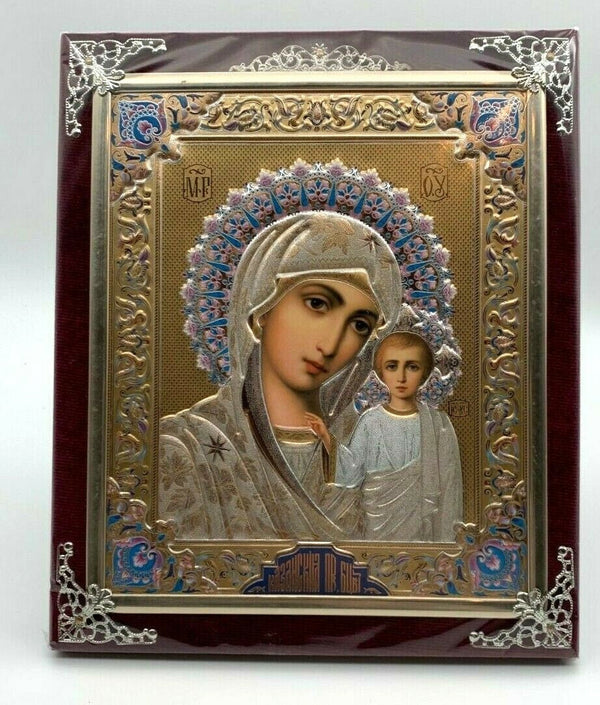 Ikone GM von Kasan Holz in Samt Богородица Казанская освящена 22 x 18cm