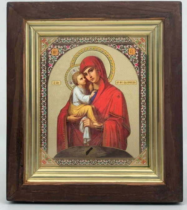 Ikone in Kiot Holz Glas Gottesmutter Pochaewskaja Goldprägung 25 x22x3cm