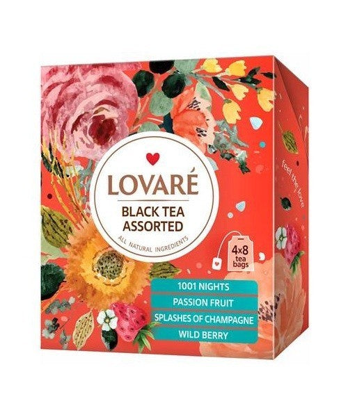 Lovare Tee Assorti Schwarztee Grüne mit Früchte 4 Sorte (32Btl x 2g)