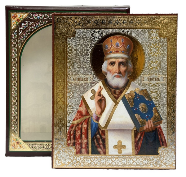 Ikone Heiliger Nikolaus Holz im Kartonbox mit Goldprägung, 10x 12cm