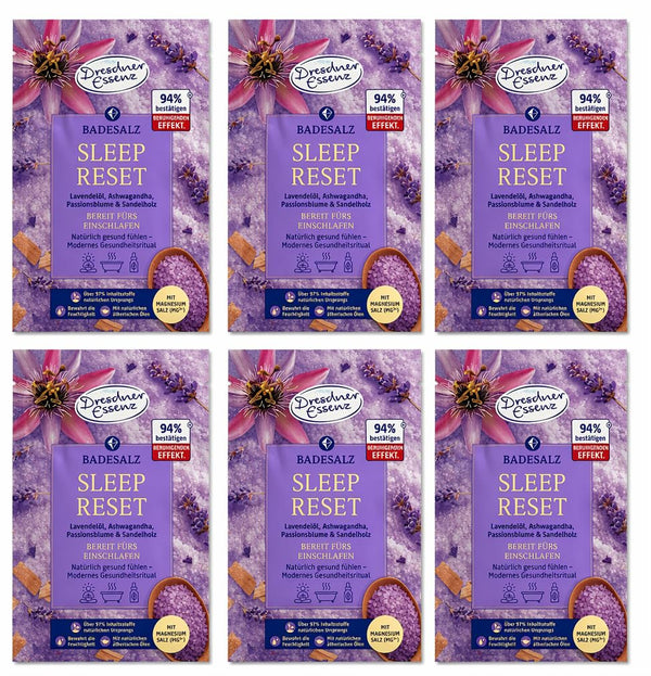 6er Pack Dresdner Essenz Badesalz Sleep Reset, 6 x 60 g, Badezusatz mit Lavendelöl, Ashwagandha, Passionsblume & Sandelholz, mit Epsom-Salz, Made in Germany