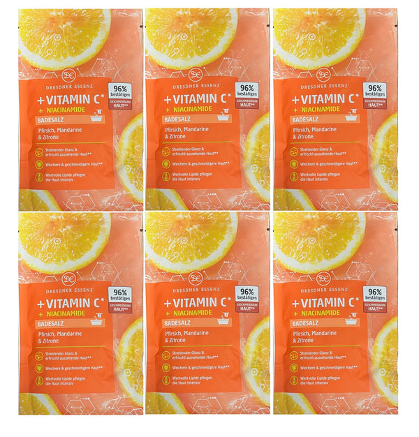 Dresdner Essenz 6er Pack Badesalz mit Vitamin C und Niacinamid, fruchtig-zitrischer Duft, 6 x 80g