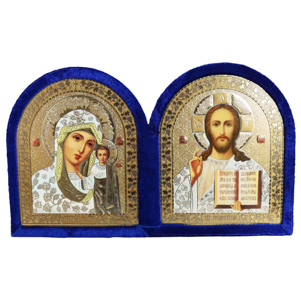 Ikone GM Kasan Jesus Christus 2-fach Holz Samt Складень бархатный, jede 19x17cm