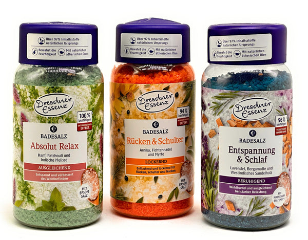 Dresdner Essenz 3er Pack Badesalz: Entspannung & Schlaf; Rücken & Schulter; Absolut Relax 3 x 600g - Aromatisch-Kräuterig, Grün - Relaxing, Stress Relief