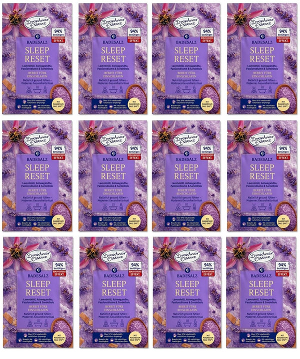 12er Pack Dresdner Essenz Badesalz Sleep Reset mit Lavendelöl, Ashwagandha, Passionsblume & Sandelholz, mit Epsom-Salz, 12 x 60 g