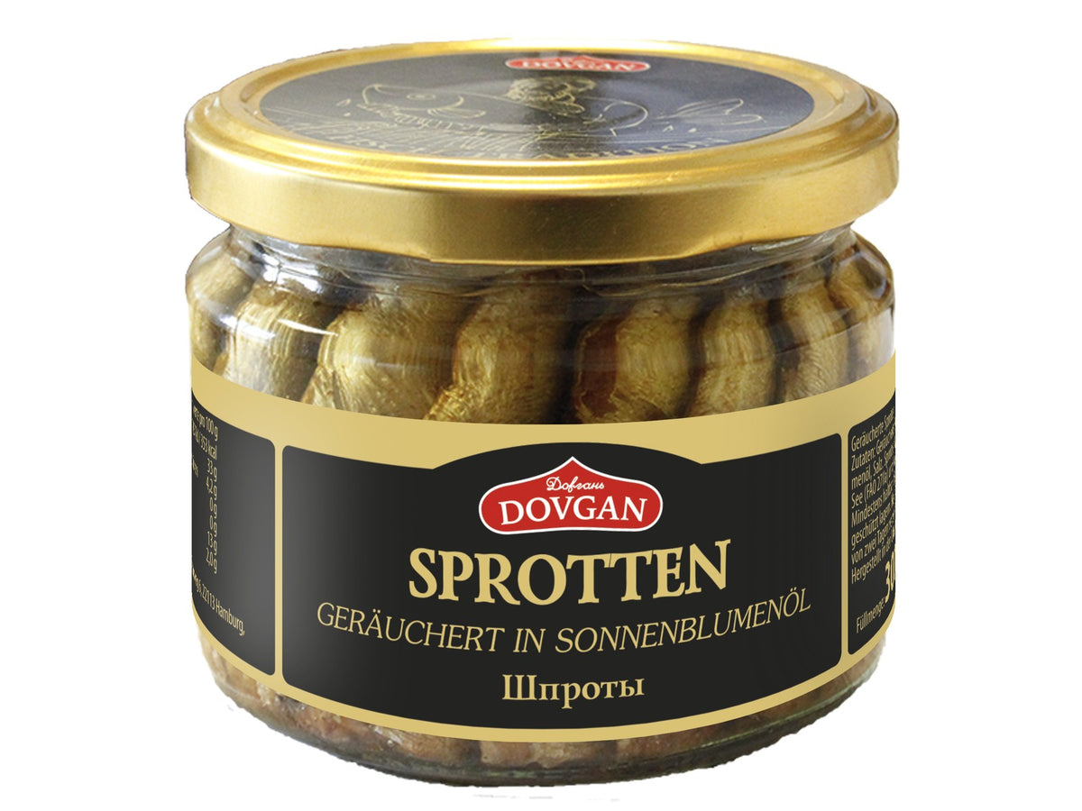 6x Dovgan Geräucherte Sprotten Sonnenblumenöl Glas je 300g /Abtropfgewicht 165g
