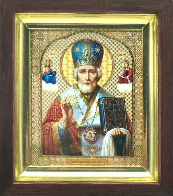 Ikone Heilige Nikolaus икона в киоте Holz Glas Николай Чудотворец 13 x 16 x 3cm