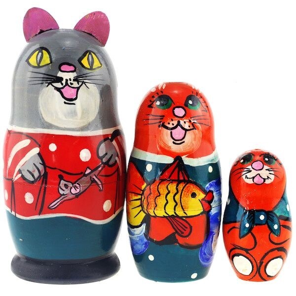 Matroschka 3tlg. Kater Jäger mit Maus Katze handgemalt Russland MZ2-07,  11cm