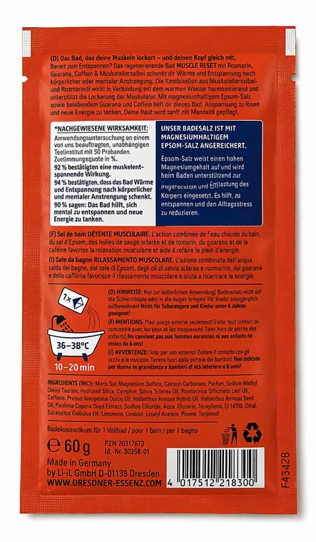 6er Pack Dresdner Essenz Badesalz Muscle Reset mit Rosmarin, Guarana, Coffein & Muskatellersalbei, 6 x 60g