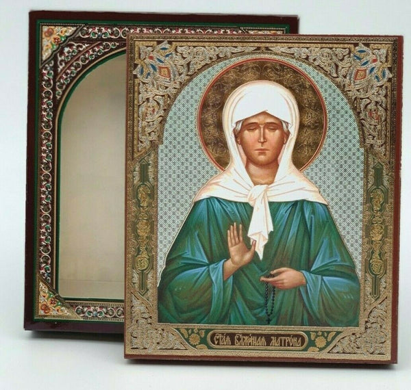 Ikone Heilige Matrona von Moskau Holz im Kartonbox mit Goldprägung  15x 18cm