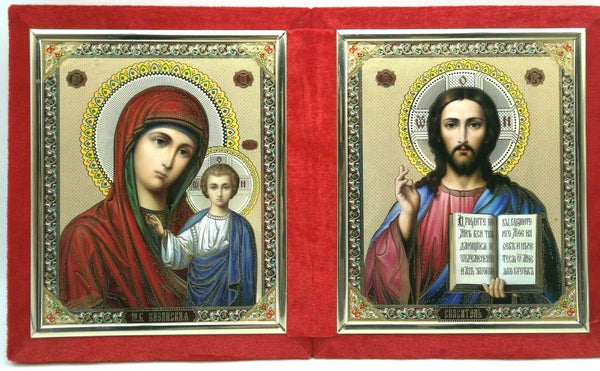 Ikone GM Kasan Jesus Christus 2-fach Holz Samt Складень бархатный, jede 21x18cm