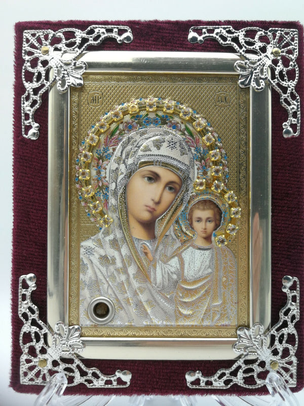 Ikone GM von Kasan Holz in Samt Богородица Казанская освящена 9 x 11cm