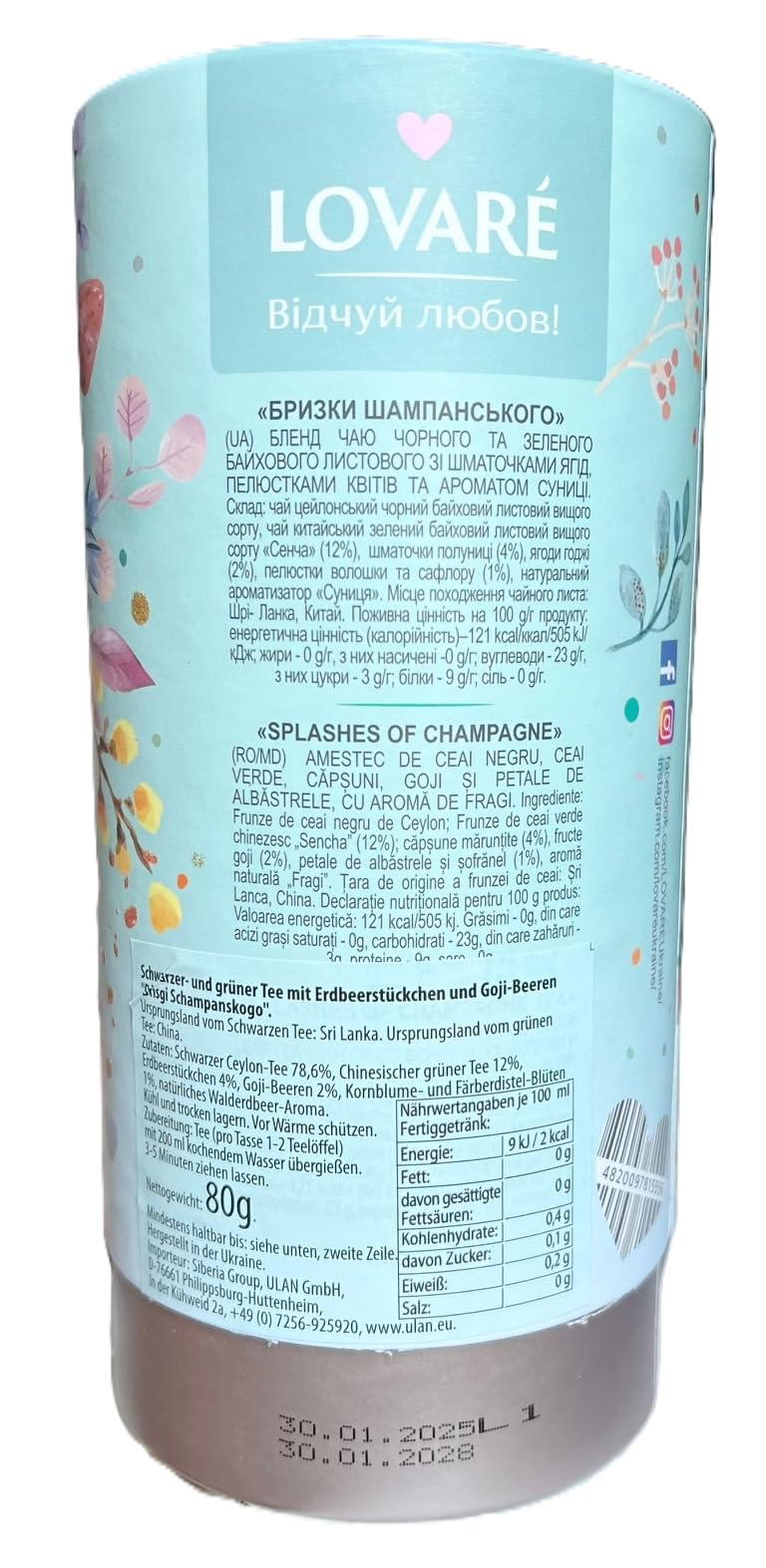2er Pack. Lovare Schwarzer Grüner Tee "Spritzer Champagner" 2x80g