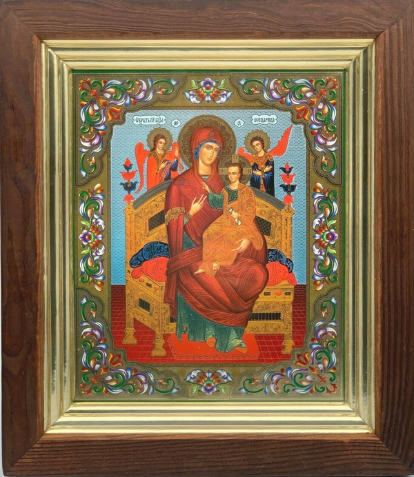 Ikone in Kivot Holz Glas Gottesmutter Wsezaritza Goldprägung  28 x24 cm