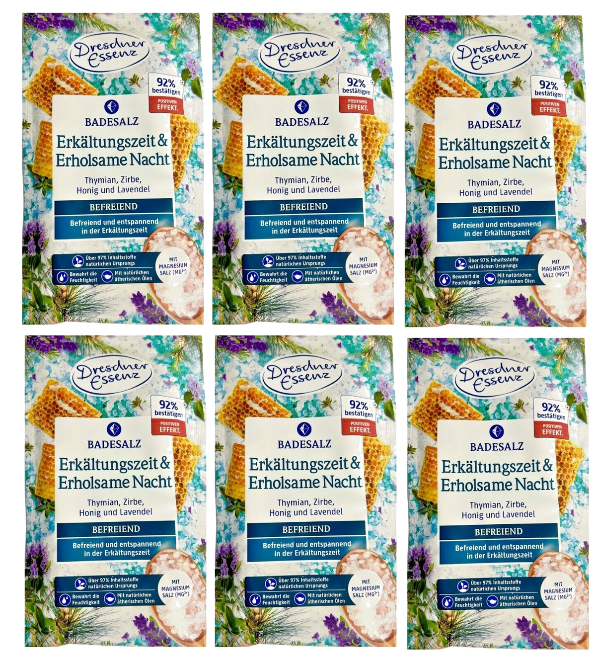 6-er Pack Dresdner Essenz Badesalz Erkältungszeit  Erholsame Nacht, 6x 60g