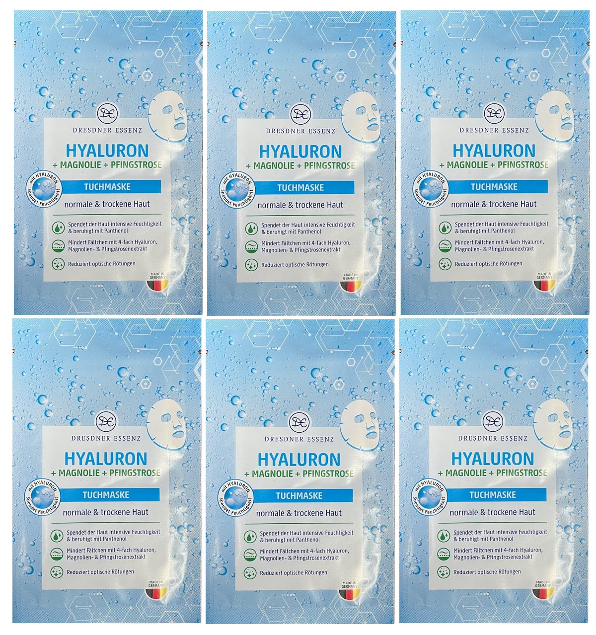 6er Pack Dresdner Essenz Tuchmaske Hyaluron Magnolie Pfingstrose 6 Stück