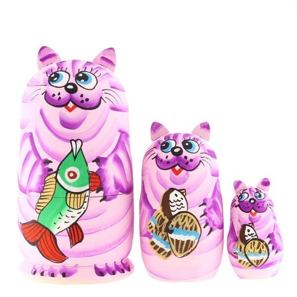 Matroschka 3tlg.  Kater Katze Fischer pink  handgemalt MZ3-10,14 cm