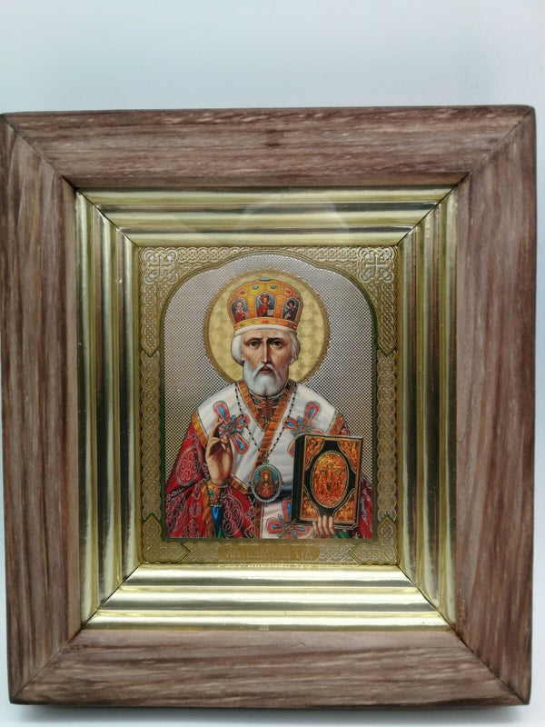 Ikone Heilige Nikolaus икона в киоте Holz Glas Николай Чудотворец  17 x 19 x 3cm