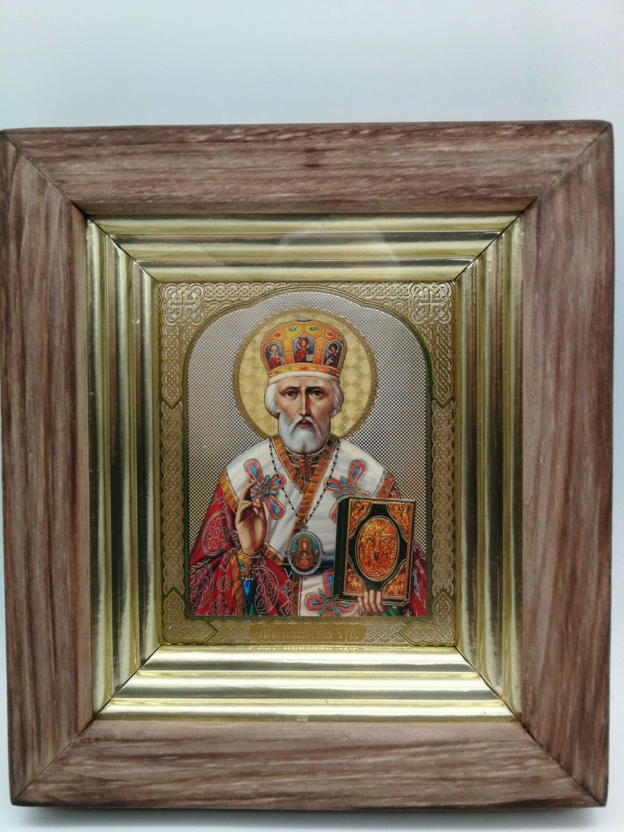 Ikone Heilige Nikolaus икона в киоте Holz Glas Николай Чудотворец  17 x 19 x 3cm