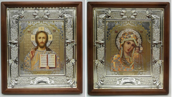 2x Ikone GM von Kasan Kasanskaja &Jesus Christus Holz Ramen 26x23cm