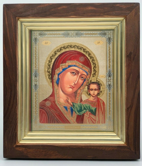 Ikone Gottesmutter vom Kasan in Holz Kiot unter Glas 25x22 cm