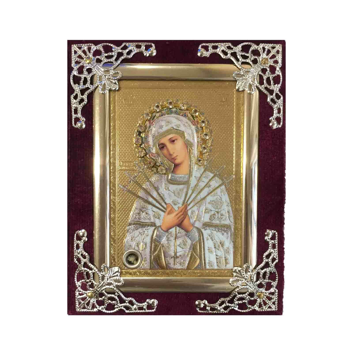Ikone GM Siebenpfeilige Holz in Samt Богородица Семистрельная освящена 9 x11cm