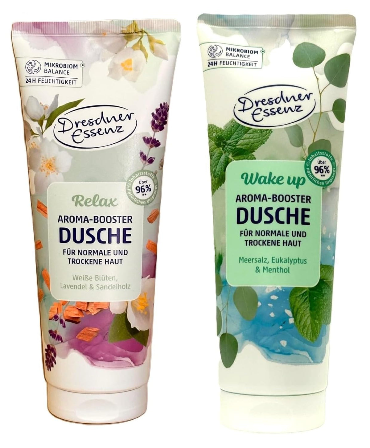 2er Pack Dresdner Essenz Aroma-Booster Duschgel Relax + Duschgel Wake up vegan, 2x 250ml