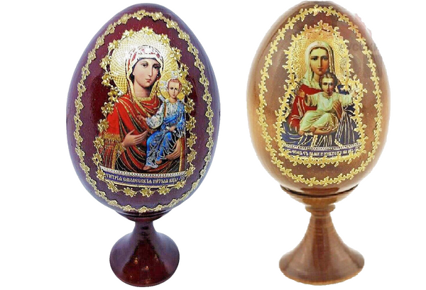 2 Eier mit  Ikonen Gottes Mutter von Smolensk und GM Leuschinskaja