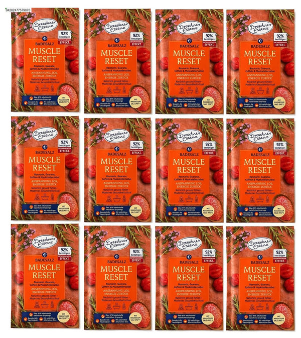 12er Pack Dresdner Essenz Badesalz Muscle Reset mit Rosmarin, Guarana, Coffein & Muskatellersalbei, 12x 60g