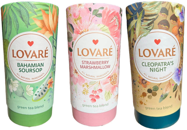 3er Pack. Lovare Grüner Tee Set Kleopatras Nacht Erdbeer Marschmallow 3x80g