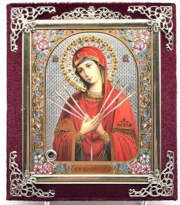 Ikone GM Siebenpfeilige Holz in Samt Богородица Семистрельная освящена 15x13cm