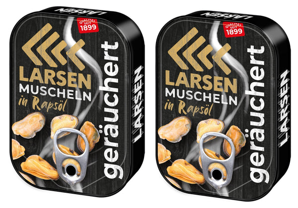 2x LARSEN Muscheln geräuchert in Öl 2 Dosen je 110g / Muscheleinwaage 75g