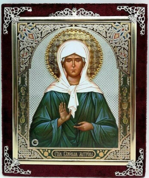 Ikone Heilige Matrona von Moskauer Holz in Samt освящена 18x22 cm