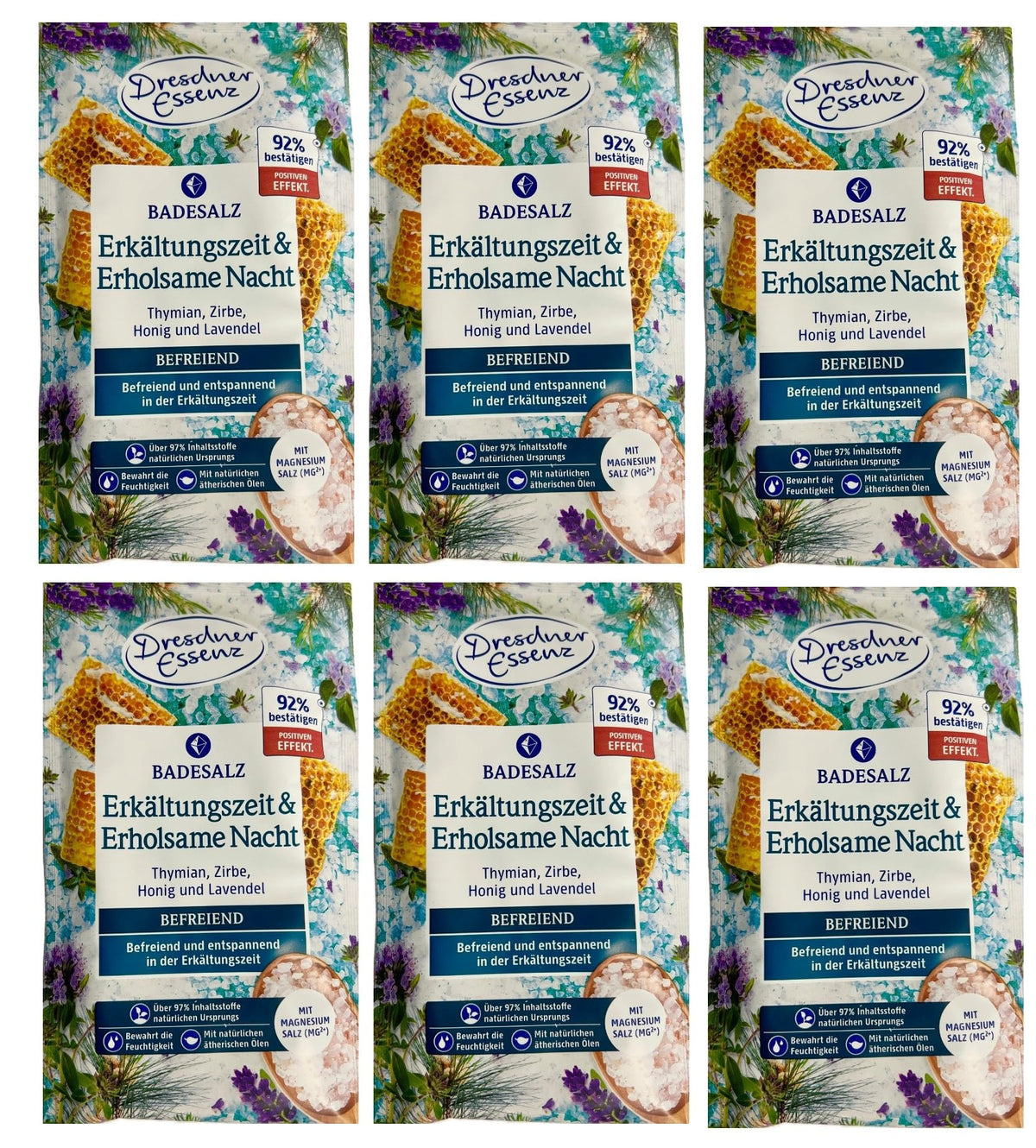 6-er Pack Dresdner Essenz Badesalz Erkältungszeit  Erholsame Nacht, 6x 60g