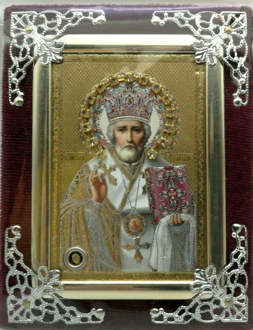 Ikone Heilige Nikolaus Holz in Samt икона Николай Чудотворец, 11 x 9 cm