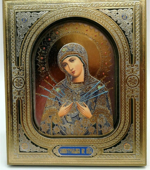 Ikone GM Siebenpfeilige Богородица Семистрельна Holz Goldprägung Ständer 10x12cm