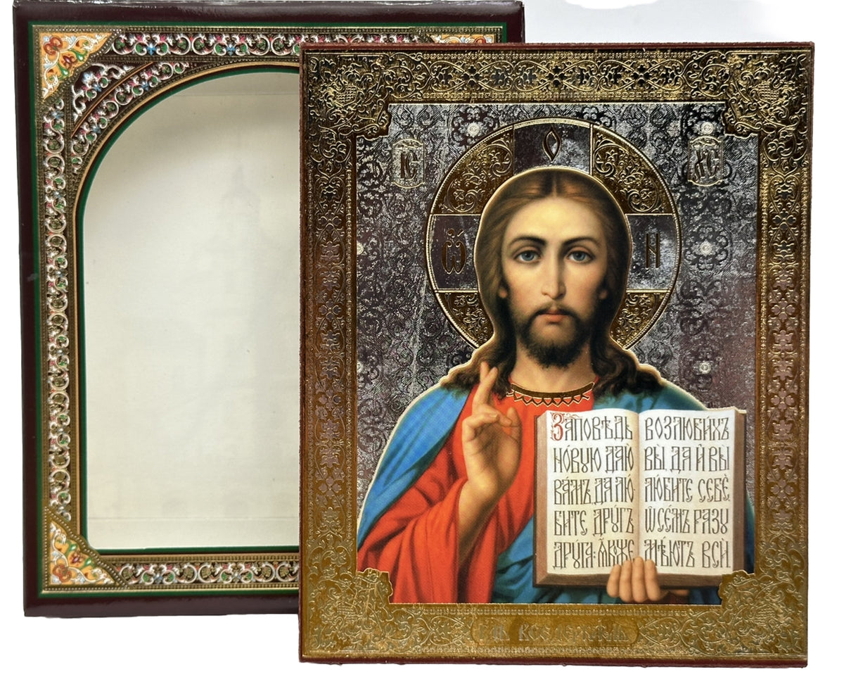 Ikone Jesus Christus Gospod Wsederzschitel Holz Kartonbox  Goldprägung 12x 10cm
