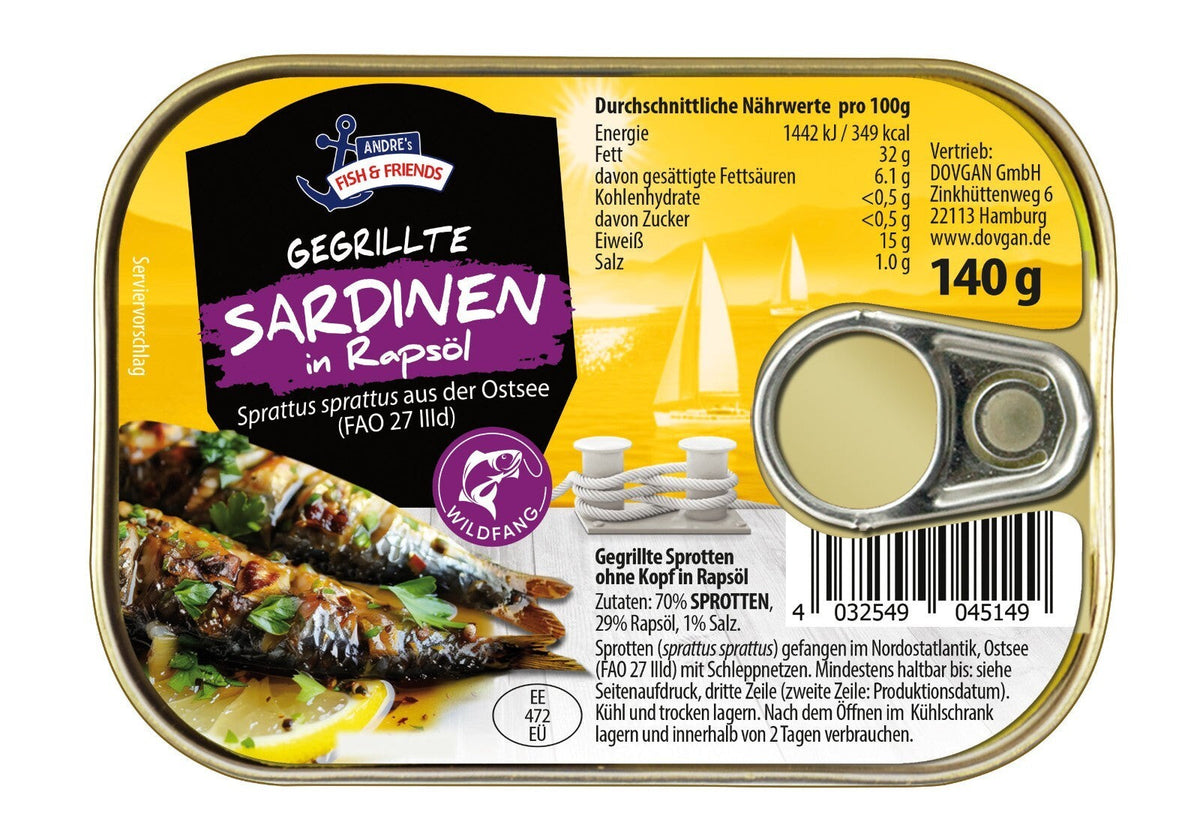6x Andre's Fish & Friends gegrillte Sardinen 6 Dosen je 140g /Abtropfgewicht 98g